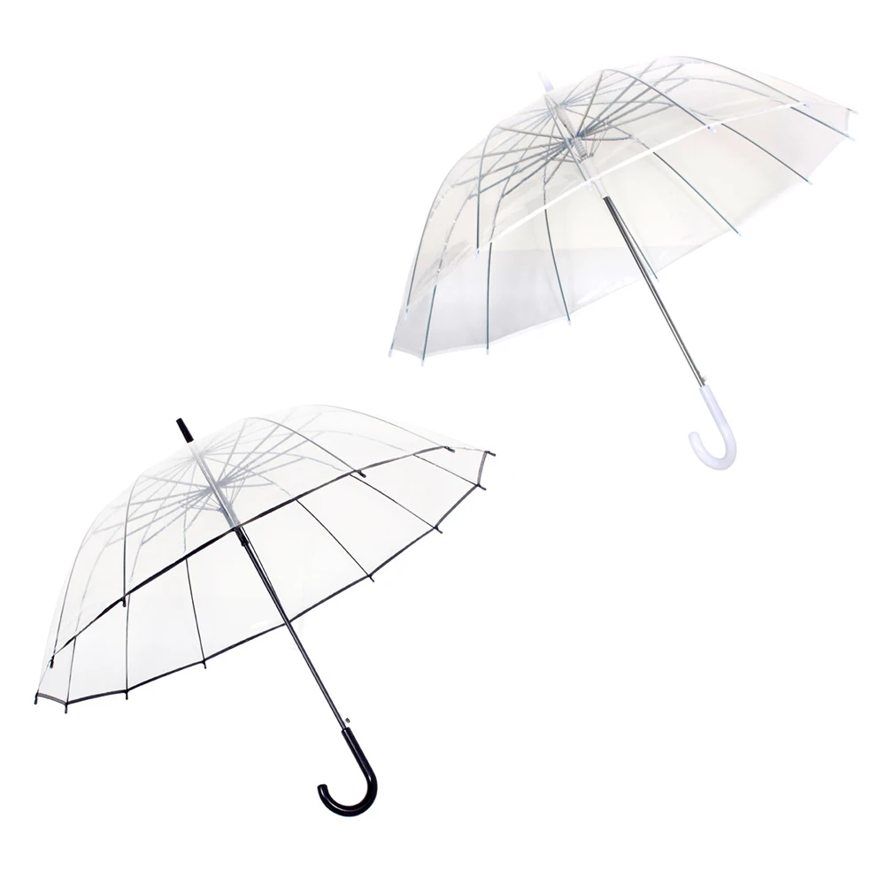 Long Handled Clear Umbrella J Stick Handle Transparent Umbrella For Rain 16 Ribs Auto Open Stick Umbrella For Photo Prop Wedding