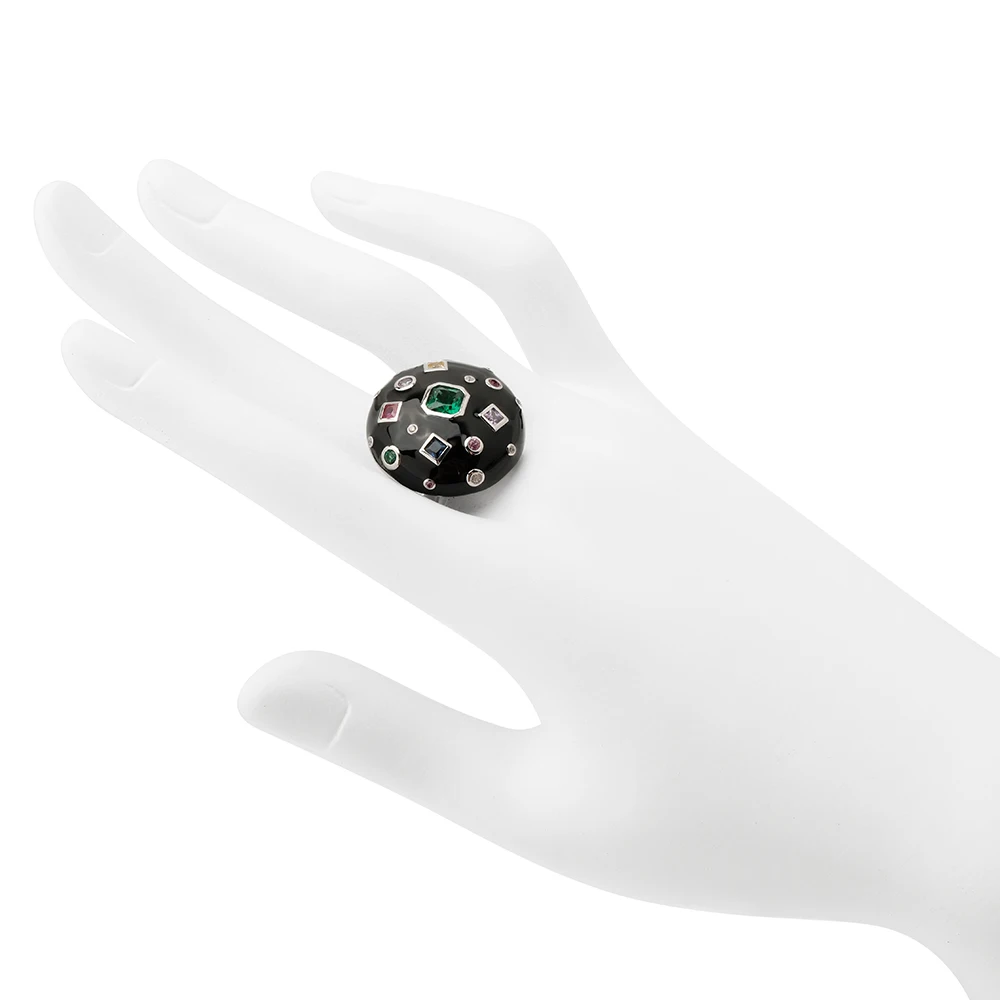 Black Oil-Spot Glaze Colorful Stone Women Fashion Ring