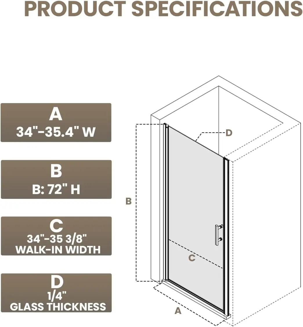Frameless Pivot Shower Door, 34-35.4'' W x 72'' H, Matte Black | 1/4