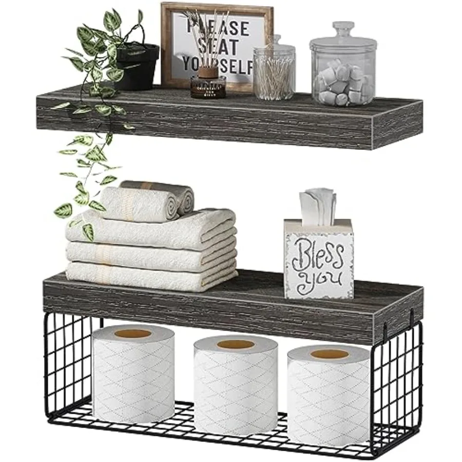 

Bathroom Shelves Over Toilet - Wall Mounted Floating Shelves Toilet Paper Storage Small Farmhouse Decor Shelf 16 inch Set of 2