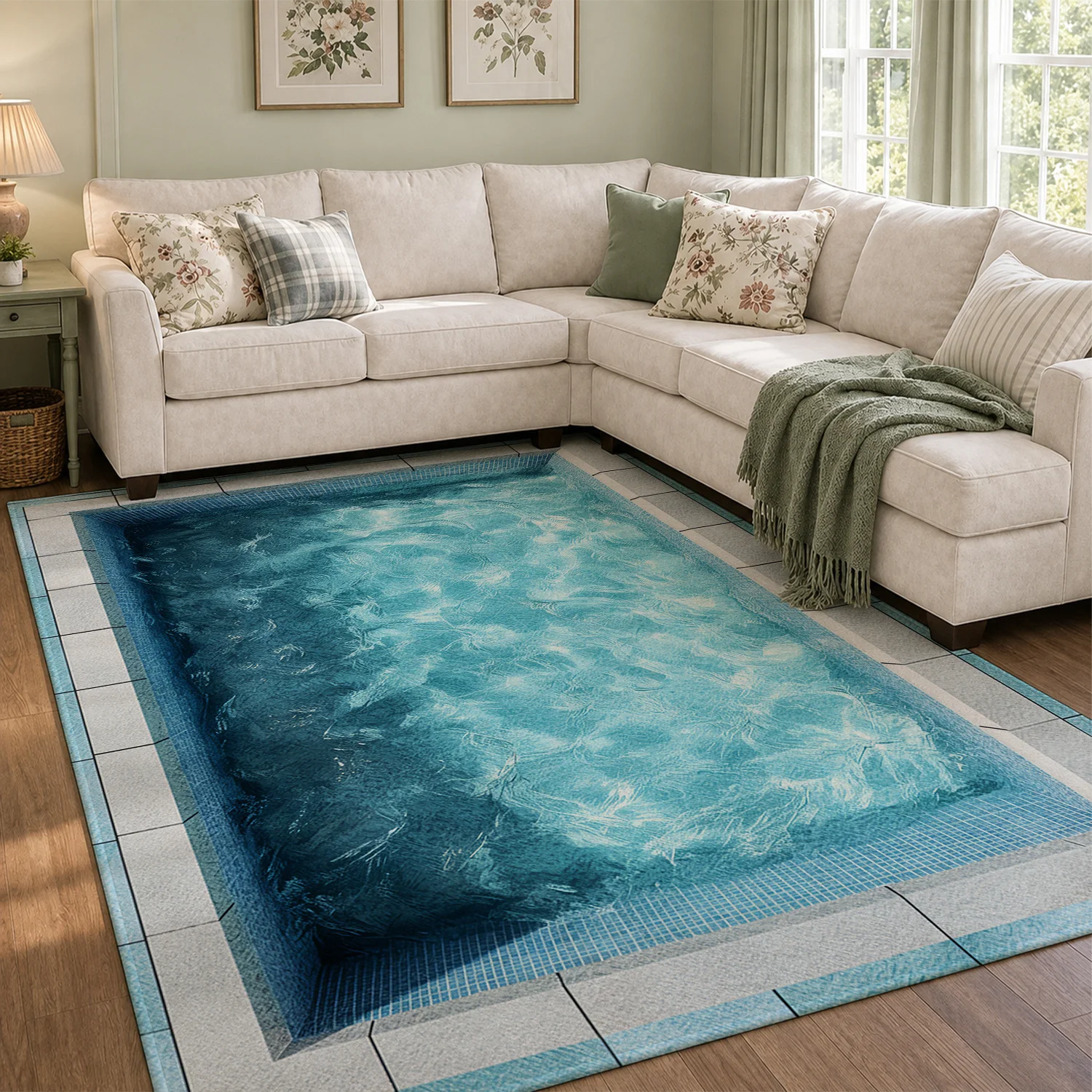 Large Indoor Area Rug with Soft Velvet, Low Pile, Non-slip Dotted Backing, Machine Washable, Blue Ocean Water Ripple Pattern for Living Room Bedroom, Modern Home Floor Decor