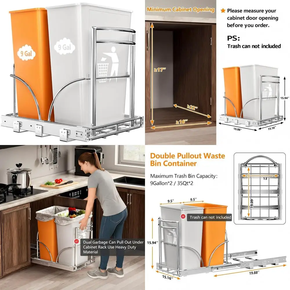

Double Bin Trash & Recycle Pull-Out Cabinet Organizer, Fits 16W x 22D x 17H, No Cans