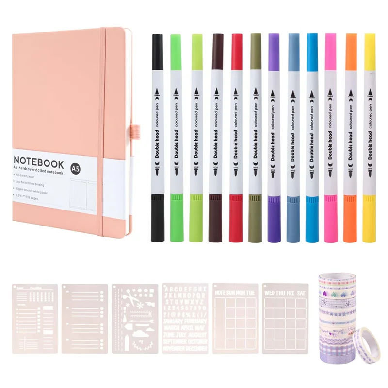 A34M-Dotted Journal Kit,A5 Hardcover Dotted Journal Notebook Numbered Pages,Dotted Journaling Kit For Beginner
