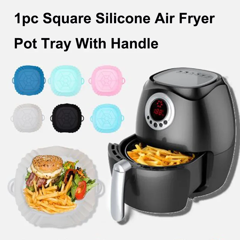 1pc Silicone Air Fryer Pot Tray with Handle Square Air Fryer Baking Pan Reusable Air Fryer Liner Accessories for Kitchen Baking