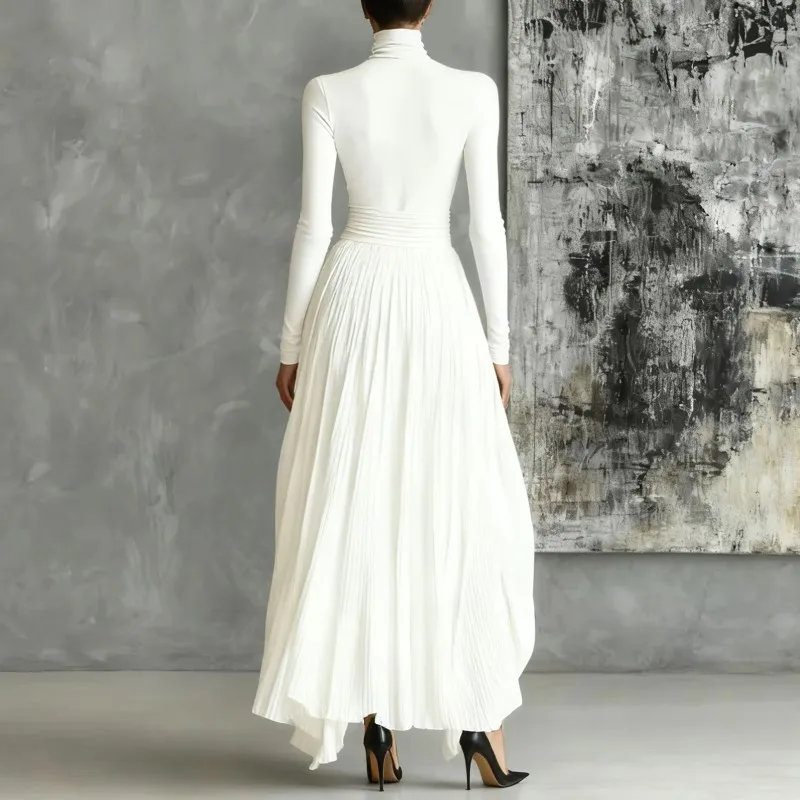 French Retro Elegant Light Luxury Slim-fit Dress for Women Turtleneck Long Sleeve Long Dresses Flowy Dress with a Large Skirt