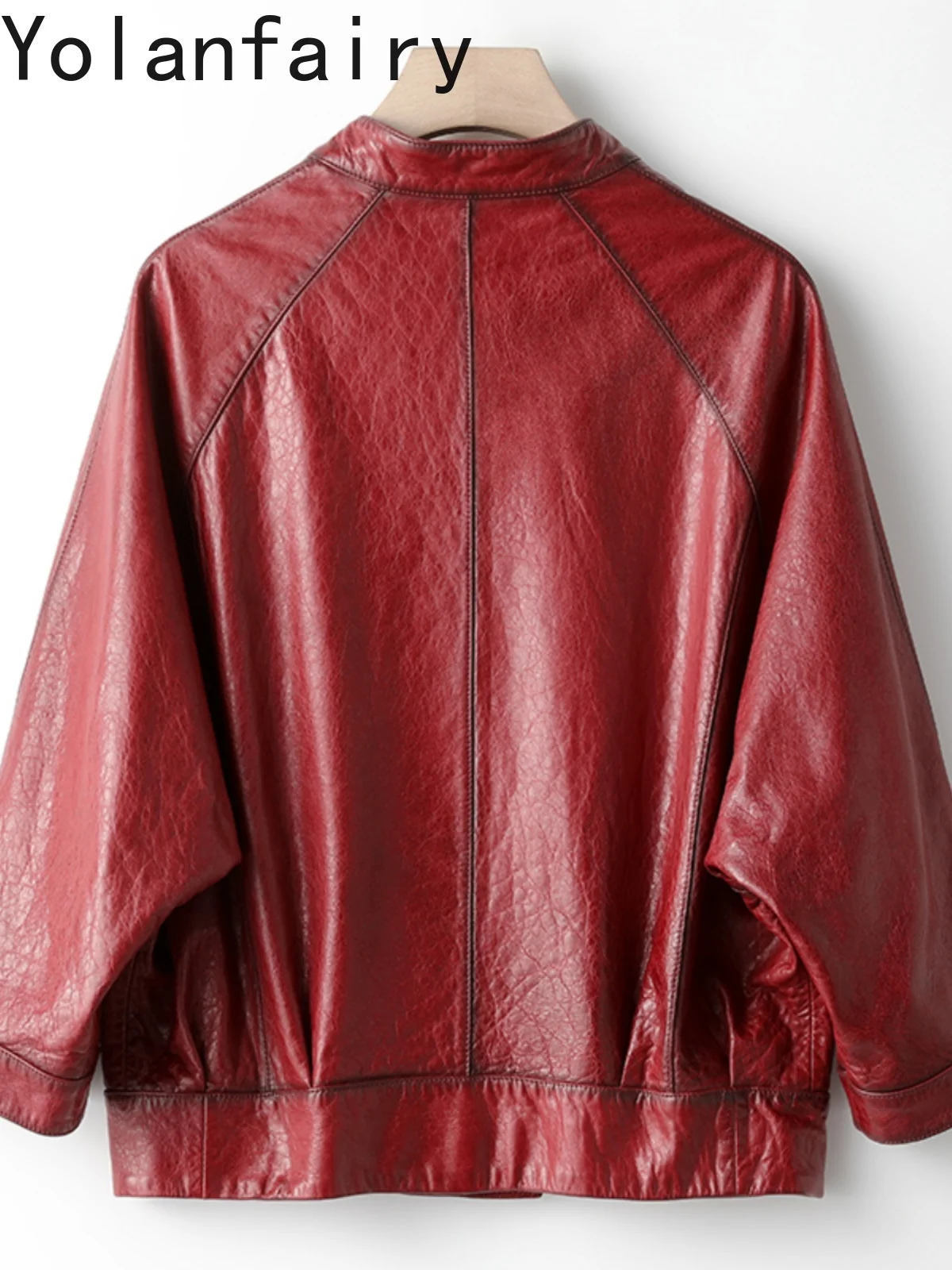 YOLANFAIRY chaqueta de piel de oveja auténtica para mujer 2025, capa roja Vintage, abrigo de cuero auténtico, chaquetas cortas de cuero a la moda para mujer