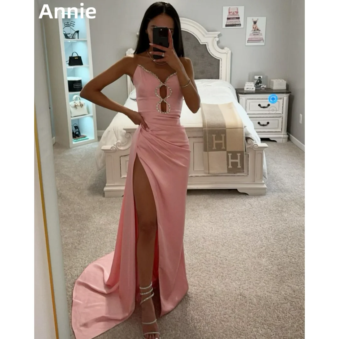 

Annie Pink Prom Dresses Luxury Beaded Glitter Mermaid Princess Evening Dresses Formal Wedding Party Dress Vestidos De Noche