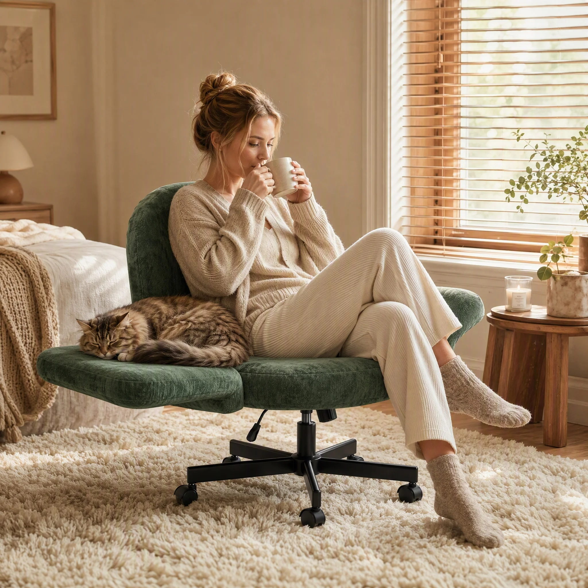 Criss Cross Office Chair with 6‑Level Adjustable Armrests, Soft Chenille Fabric Reclining Vanity Desk Chair with Wheels & Wide Cushion, Computer Chair for Home Office Bedroom Makeup Room