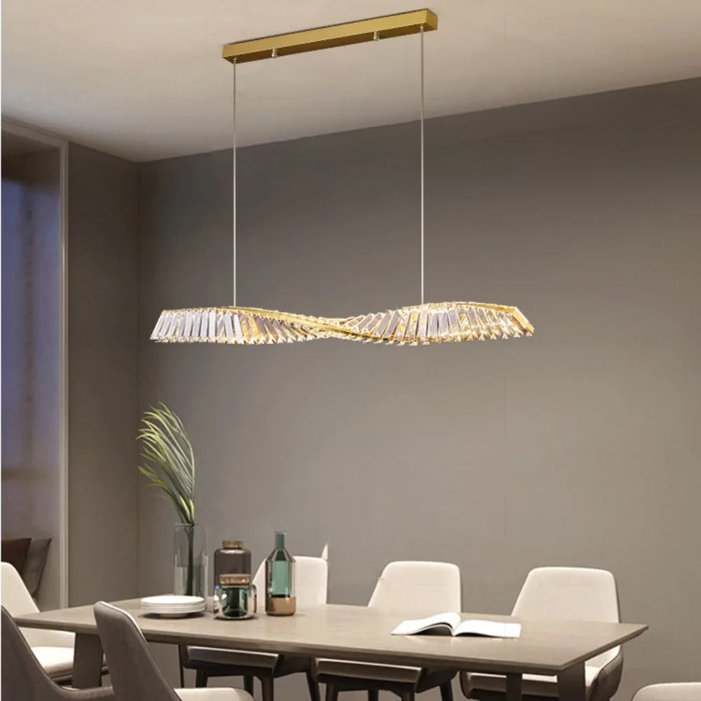 

Dining Room Crystal LED Chandelier Modern One Word Spiral Design Pendant Lamps Luxury Kitchen Island Bar Table Suspension Light