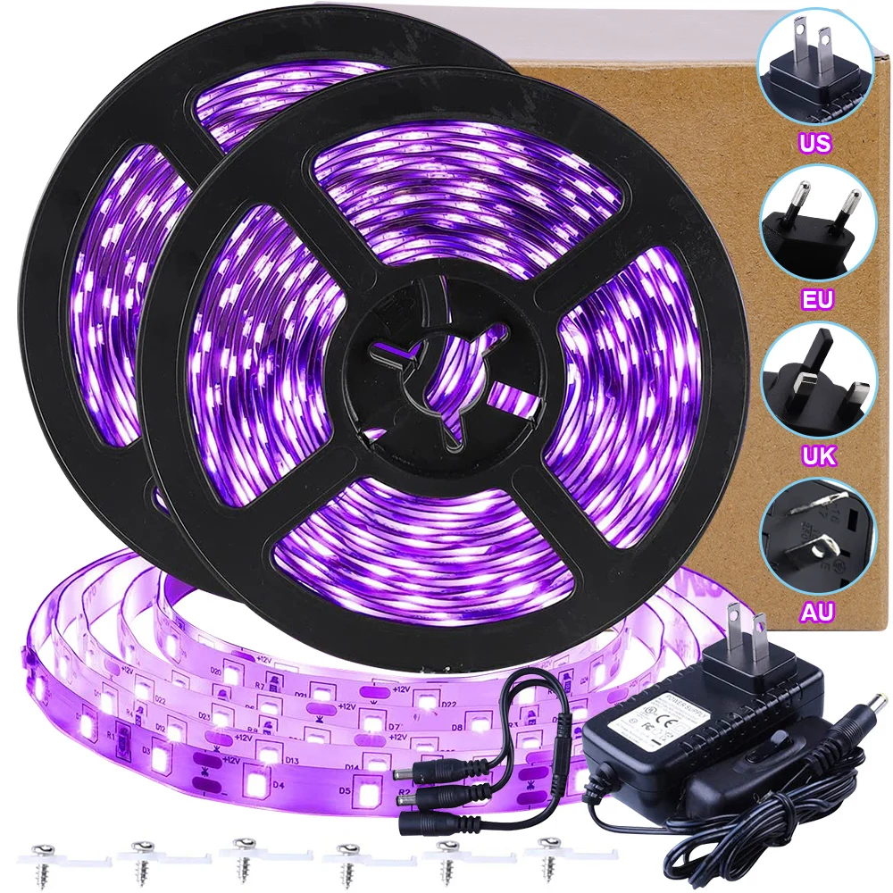 5M 12M UV Blacklight LED Strip Lights 385-400nm DC12V Flexible Blacklight Ribbon Strip Glow Party Room Decoration Stage Lighting