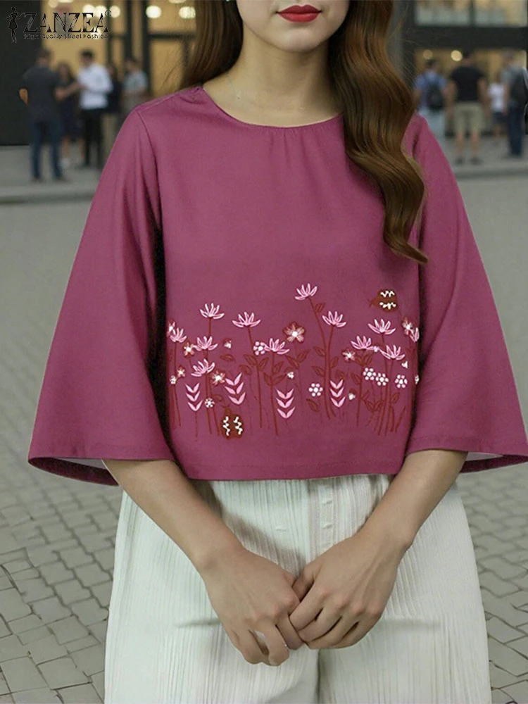 

ZANZEA 2025, осенняя винтажная женская блузка, топы с рукавами 3/4, элегантные блузки с цветочным принтом, пуловеры с расклешенными рукавами, свободная туника с круглым вырезом