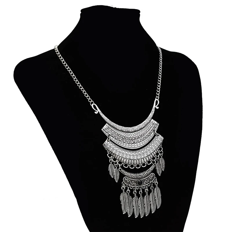 Pendant Women Necklace Bohemian Ethnic Alloy Leaves Tassel Vintage Carved Charms Chians Necklace Statement Necklace Female