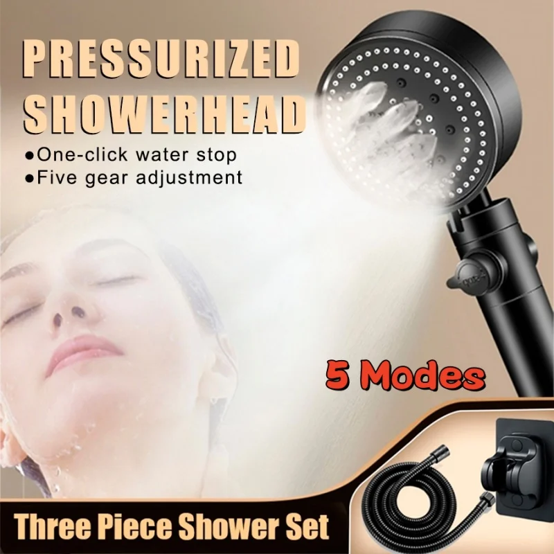 

3 Pcs Black 5 Modes Shower Head Adjustable High Pressure Water Saving Shower Head Water Massage Shower Head Bathroom Accessories