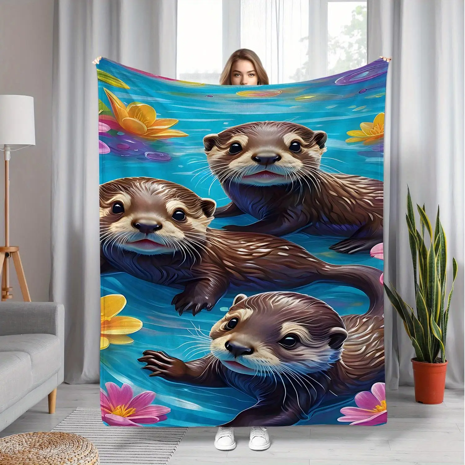 Otter-themed printed velvet blanket Blue-green and gold texture soft bedding suitable for all seasons suitable sofas beds travel