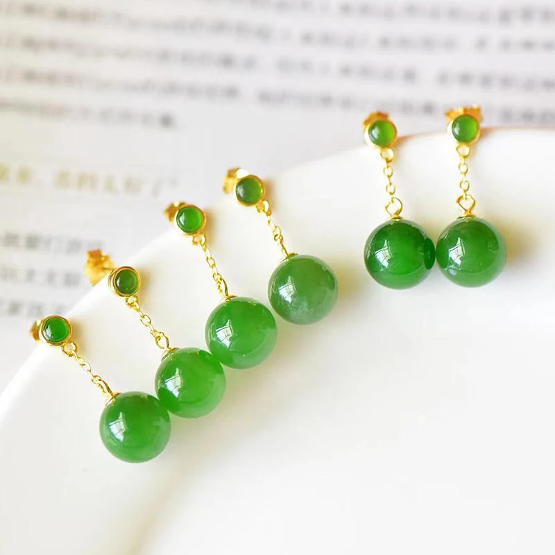 Original Design Silver Inlaid Spinach Green Hetian Jasper Round Beads Women\'s Earrings Simple Chinese Fresh Jewelry