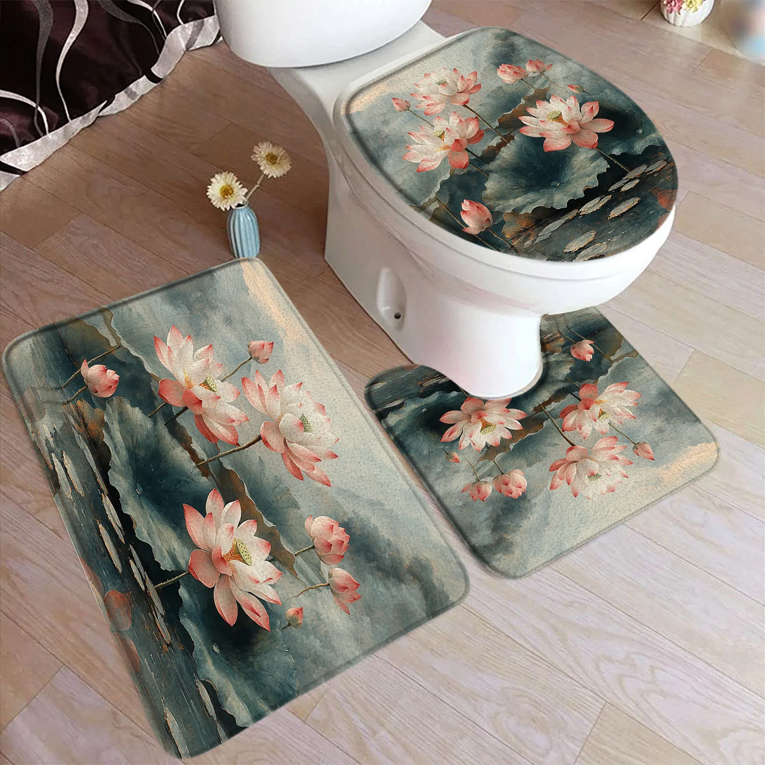 

Набор ковриков для ванной с розовым лотосом, зеленые листья, растения, цветы, чернильное искусство, китайский стиль, украшение для дома, ванной комнаты, напольные коврики, крышка унитаза