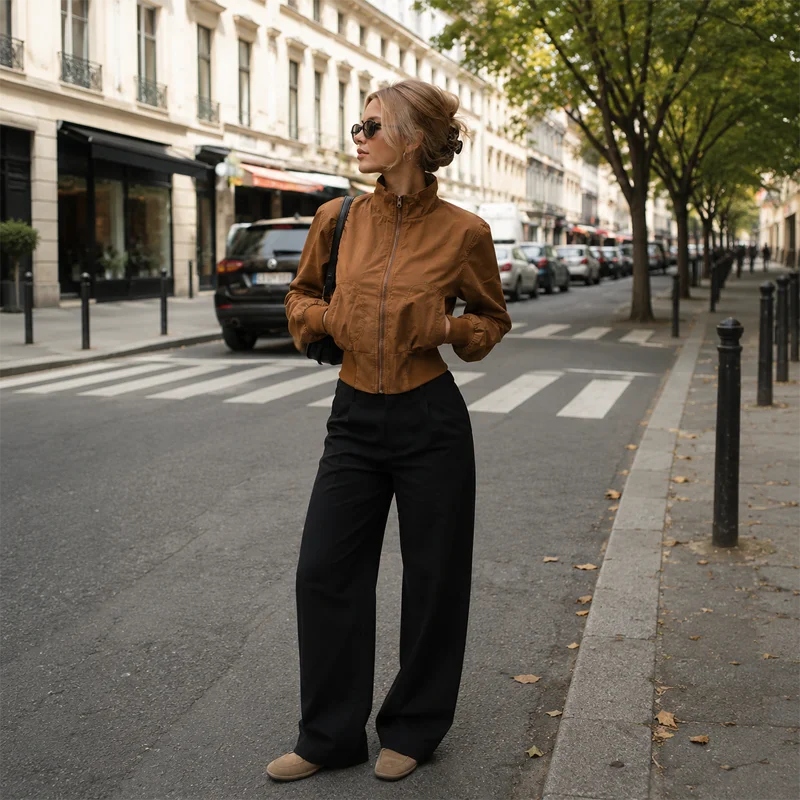 Women Cropped Jacket Brown Stand Collar Full Zip Long Sleeve Pockets Cinched Waist Fall Winter Vintage Casual Street Daily Wear