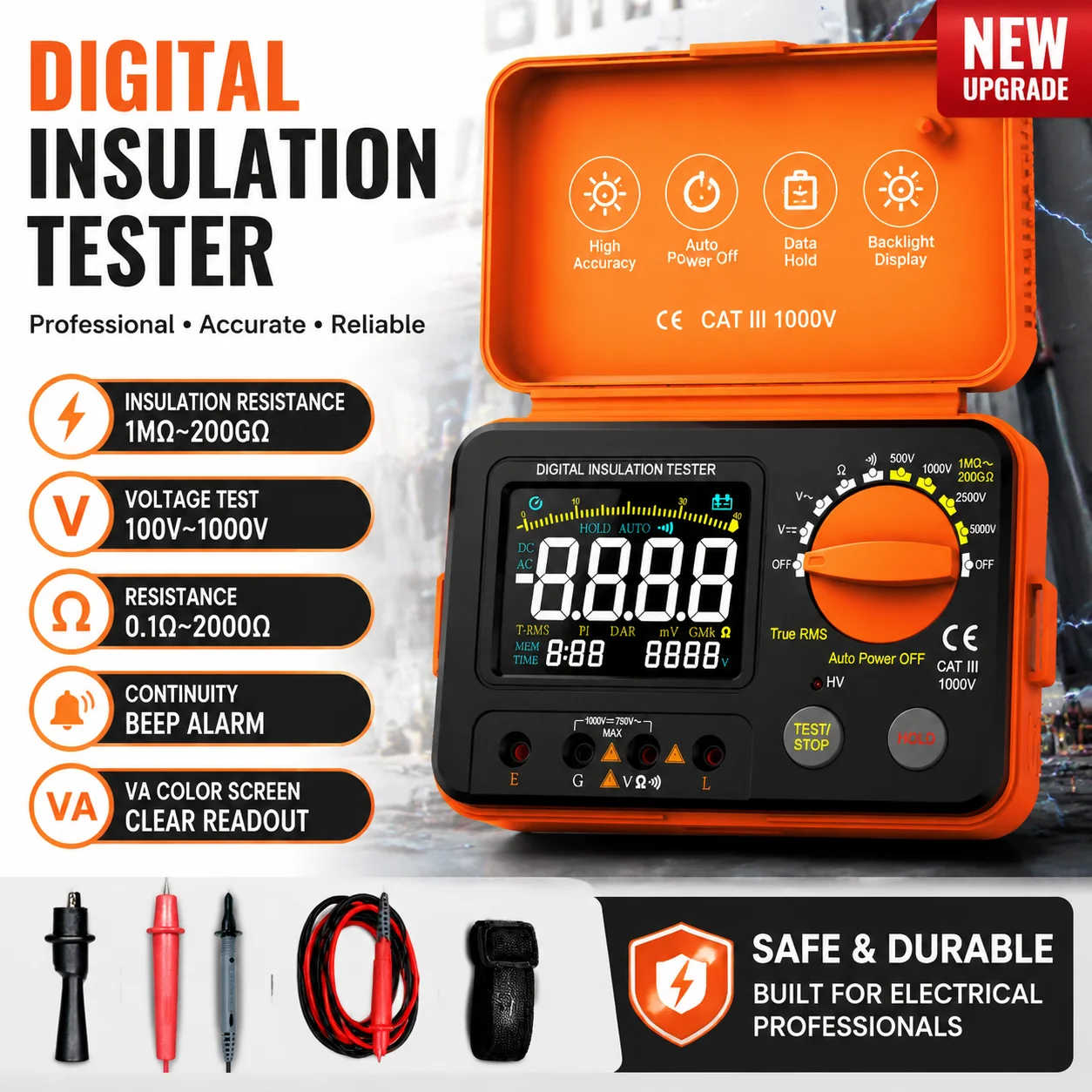 Digital Insulation Resistance Tester Megohmmeter Auto Range 1500V 30GΩ VA Color Display for Motor Cable Transformer Test