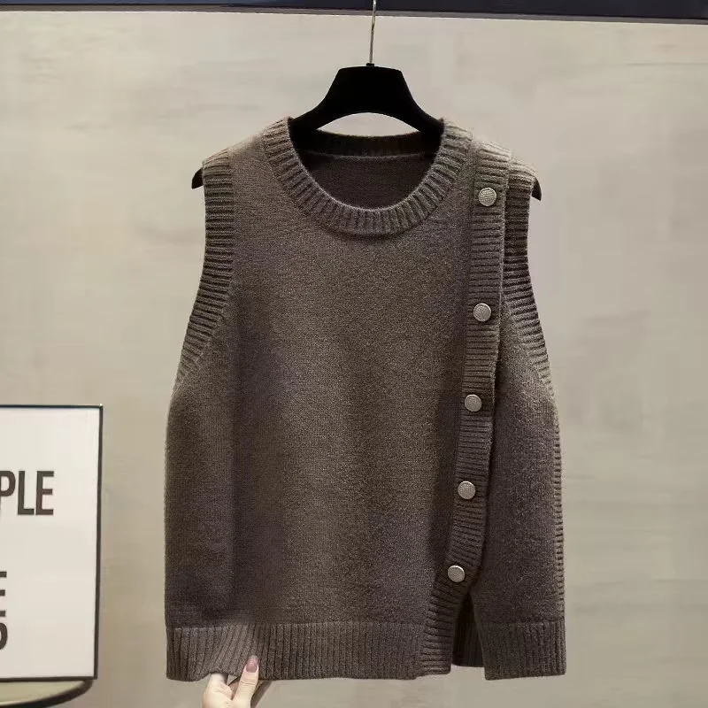 

Новинка 2025, вязаный жилет с круглым вырезом и разрезом, женский весенне-осенний свободный повседневный элегантный вязаный свитер без рукавов, жилет, женские топы