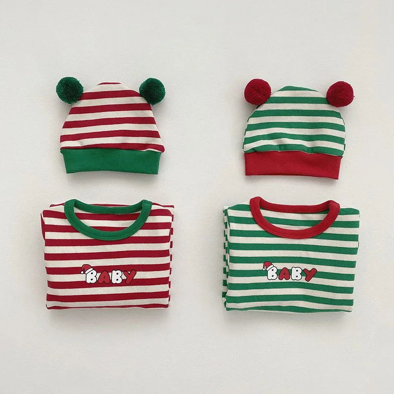 2024 Autumn Newborn Baby Rompers New Infant Striped Long Sleeve Jumpsuit Infant Girls Christmas Day Gift Clothes 3 PCS Set