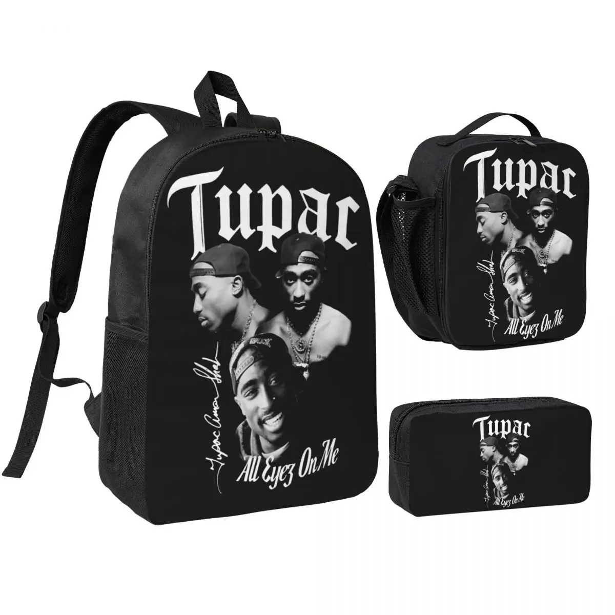 Rapper Tupac 2PAC Hip Hop Backpack Student BookBag School Bag Shoulder Bags 3ps Insulated Lunch Bag Pencil Case