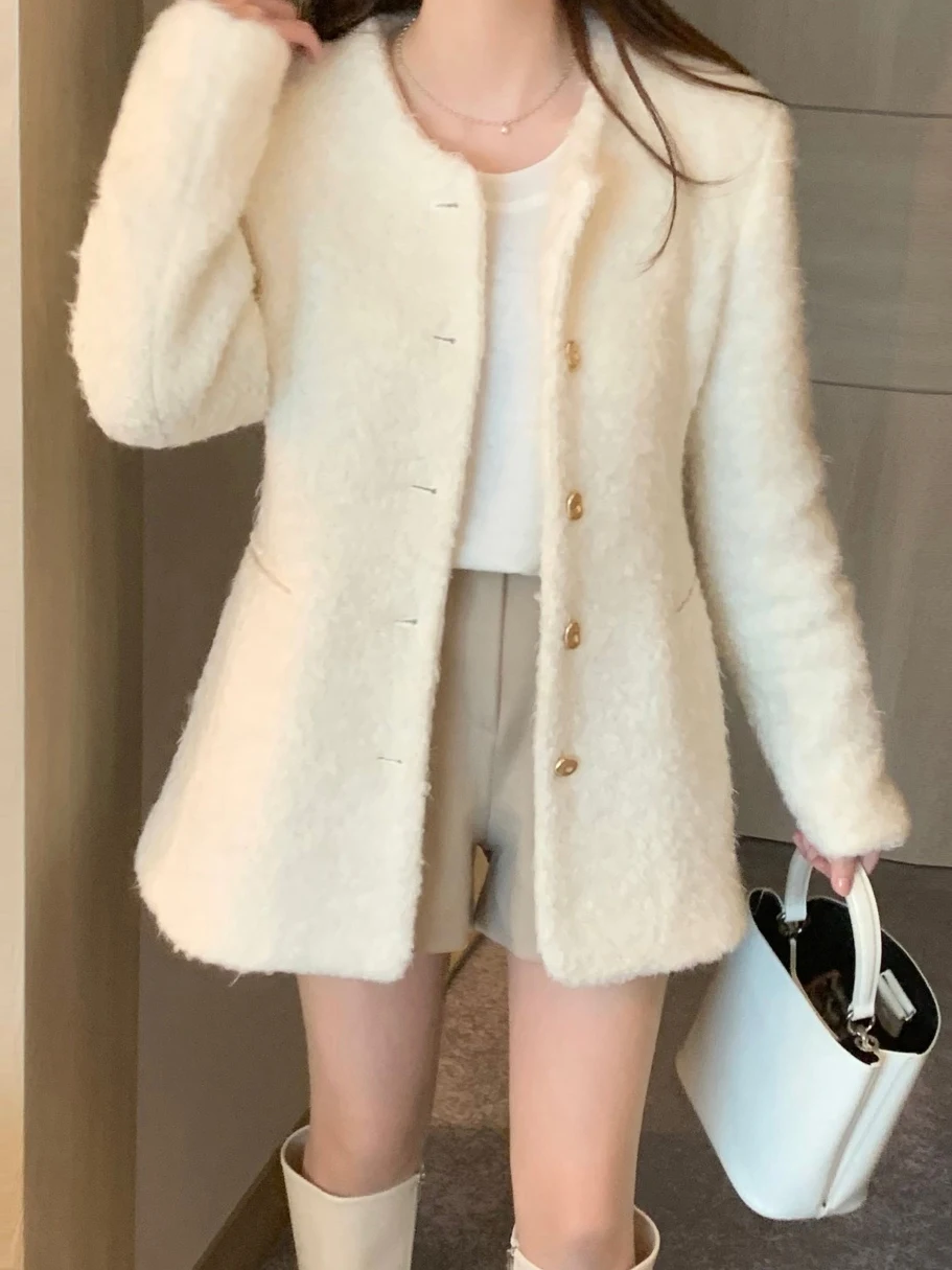 

Ele Woolen Coat Women's Korean Drama Main Character Aosphere round Ne Single Button Waist Cinching Slimming Coat