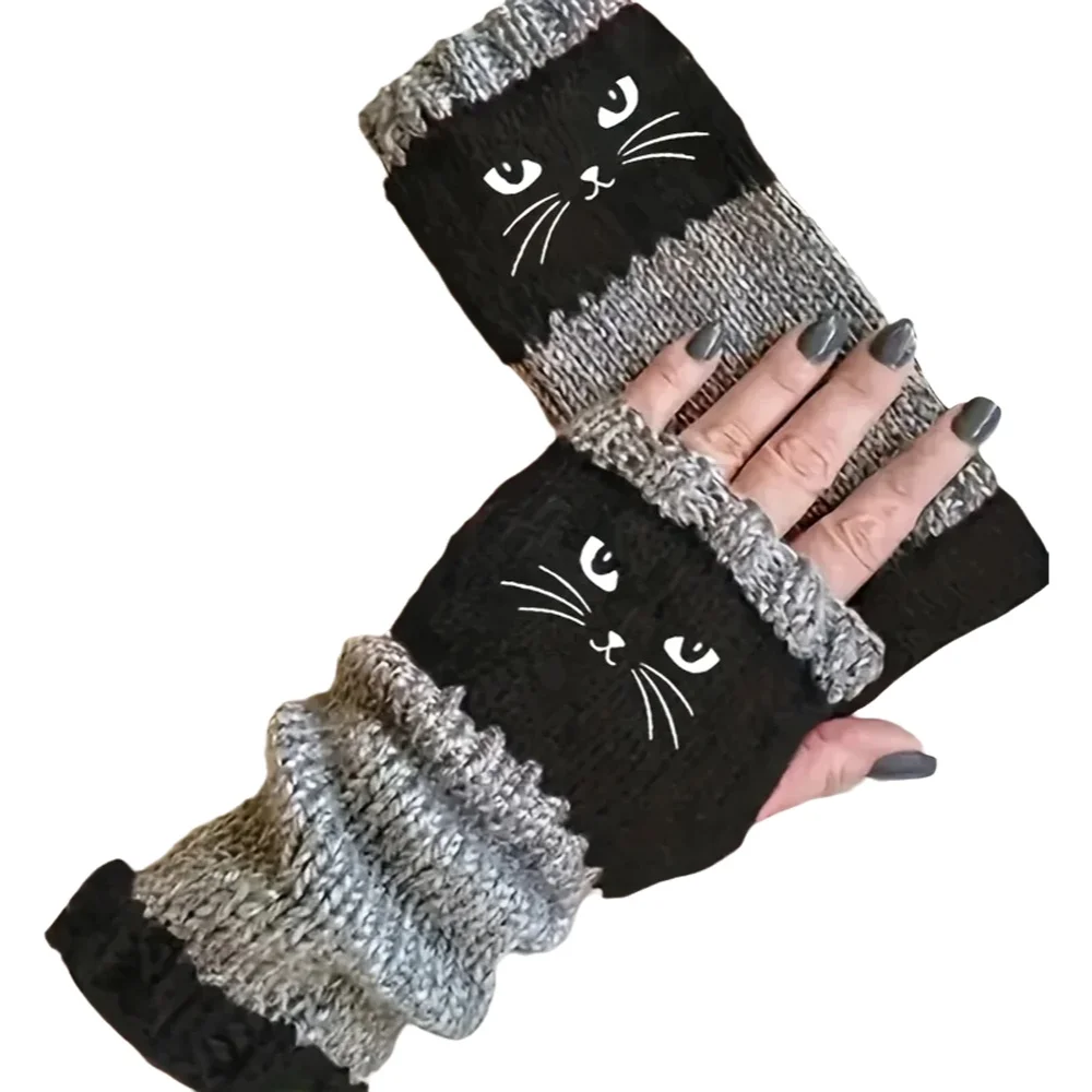 Winter Thermal Gloves Cute Cat Fingerless Gloves Anti-Cold Thickened Warm Halloween Christmas Men Women Touchscreen Mittens