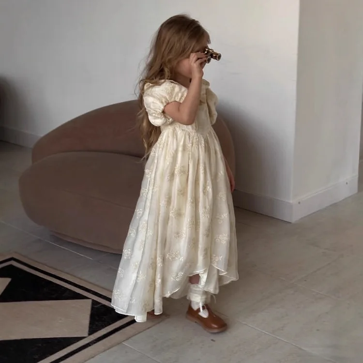 

2026 Girls' Spring/Summer Embroidered Bow Bubble Dress kids girls dress