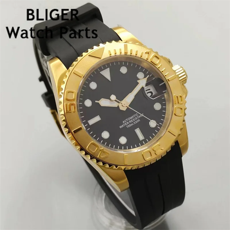 

BLIGER 40mm Gold Black Watch For Men 100m Waterproof NH35A Automatic Mechanical Rubber Strap Screw Down Crown