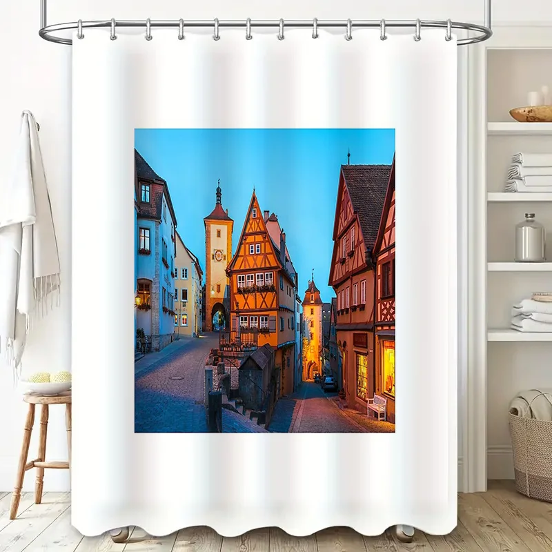 Vintage German Townscape Shower Curtain Gothic Medieval Cityscape Tapestry Bathroom Decor Wall Hanging Artistic Home Decor