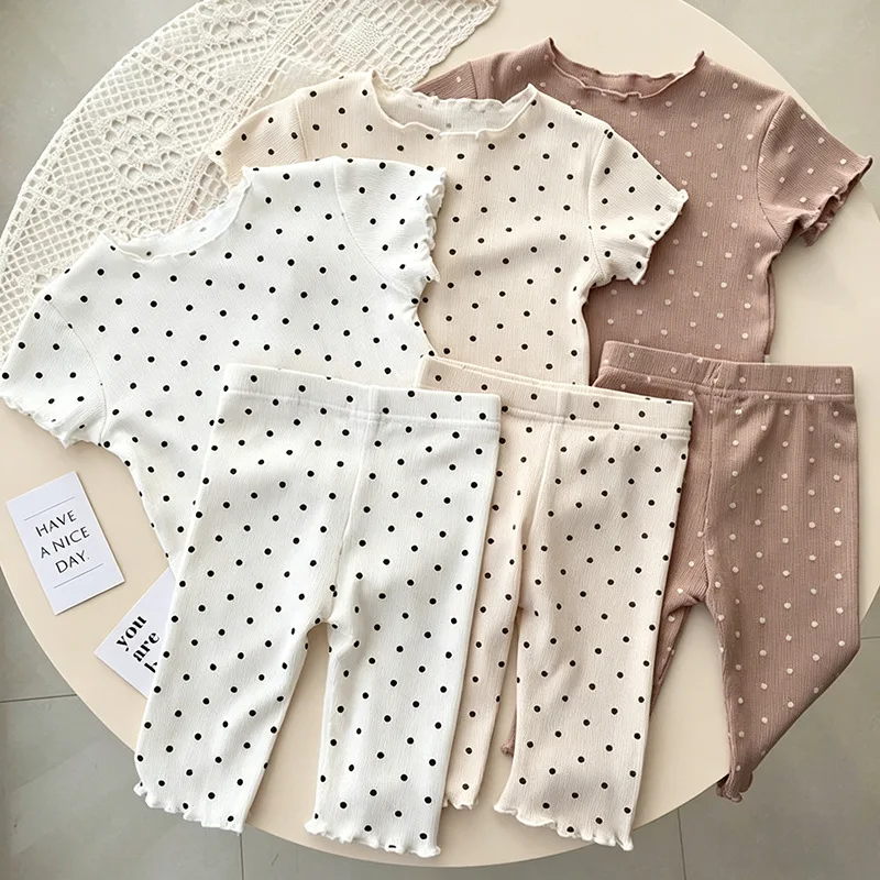 2026 New Four Seasons Children's Small Wave Dot Western Style Soft Glutinous Half Sleeve Top and Pants Two Piece Set