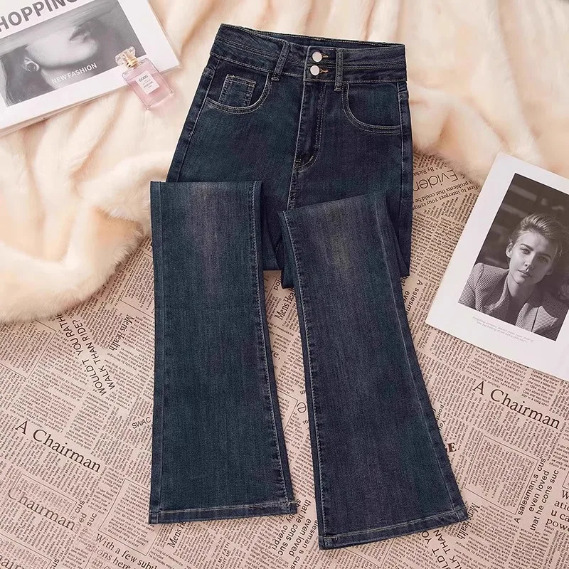 

High Waist Bell Bottom Jeans Women's Spring Summer New Style Retro Slim Fit Elastic Floor Length Hoof Jeans Cement Color