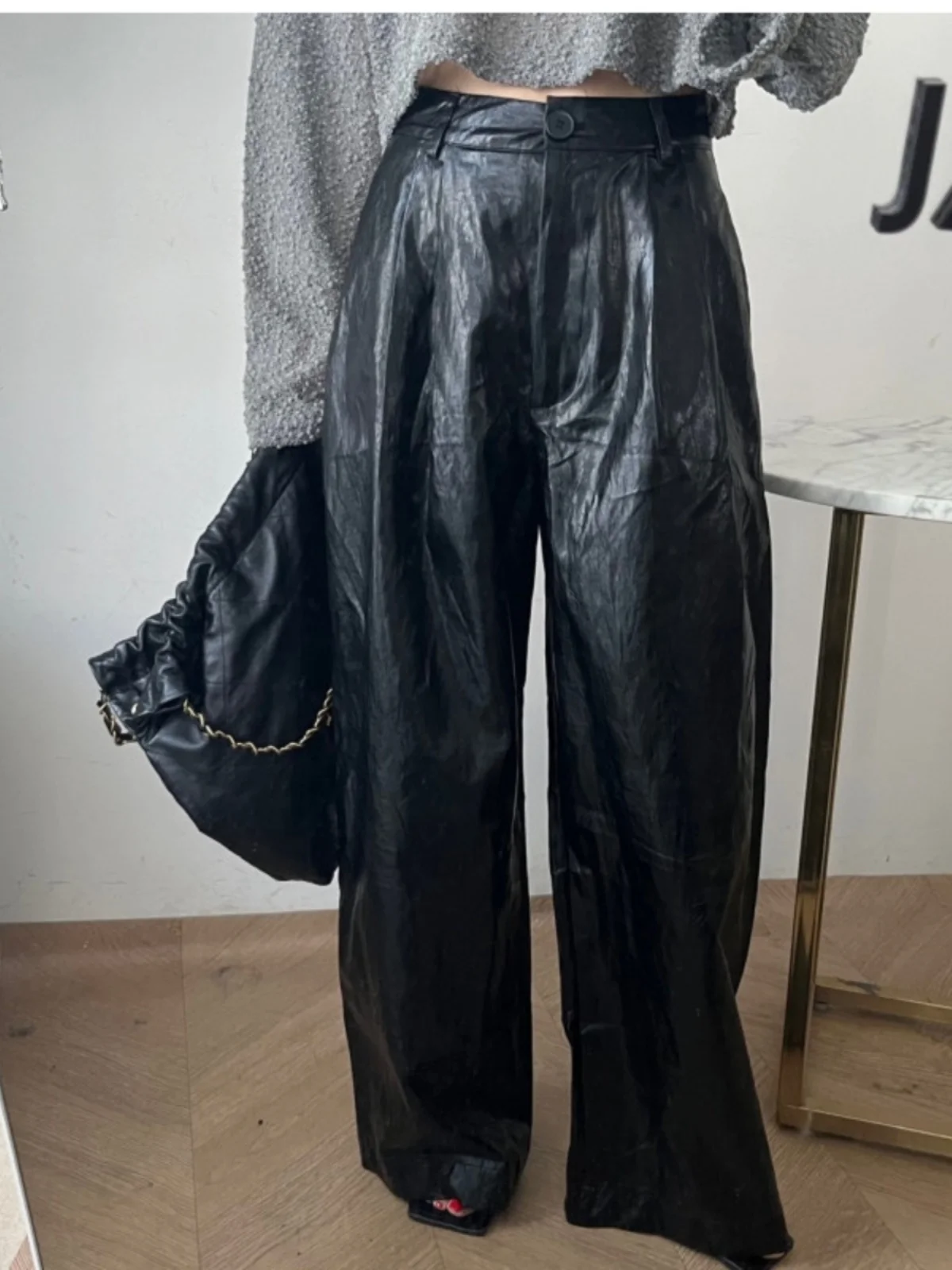 Taille haute en cuir PU pantalons décontractés femmes Vintage bleu plissé ample jambe large coupe droite élégant polyvalent pantalons longs