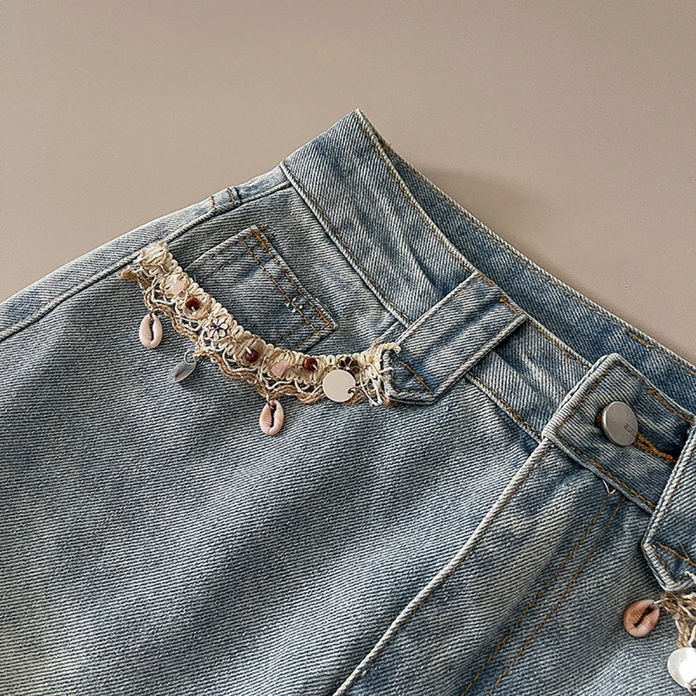 Women Casual A-Line Denim Short Skirt Vintage Solid Color High Waist Pockets Beach Holiday Party Skirts for 18-24 Years Old