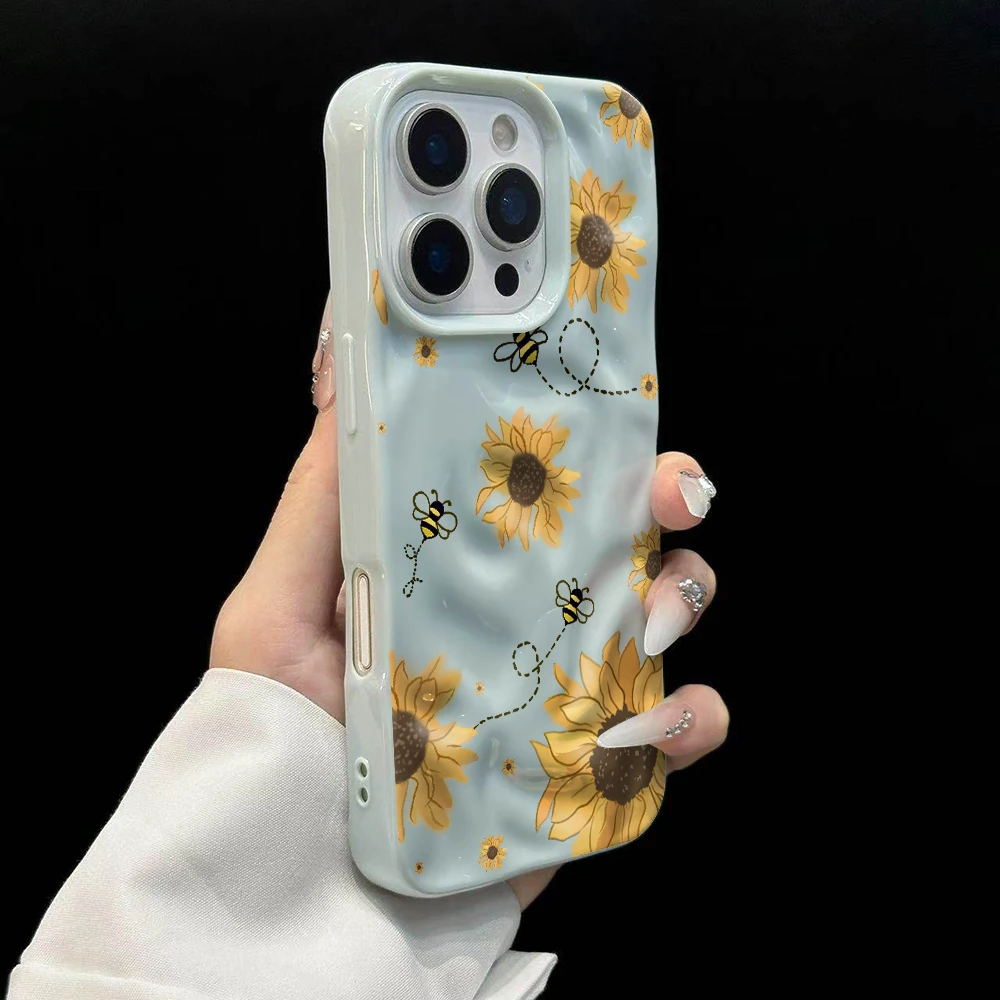 Sonnenblumen-Kunstmuster Handyhülle für iPhone 17 16 15 14 13 12 11 Pro Max 14 Plus 17Air Falten-Wellen Weiche Silikonhülle – Detail 10