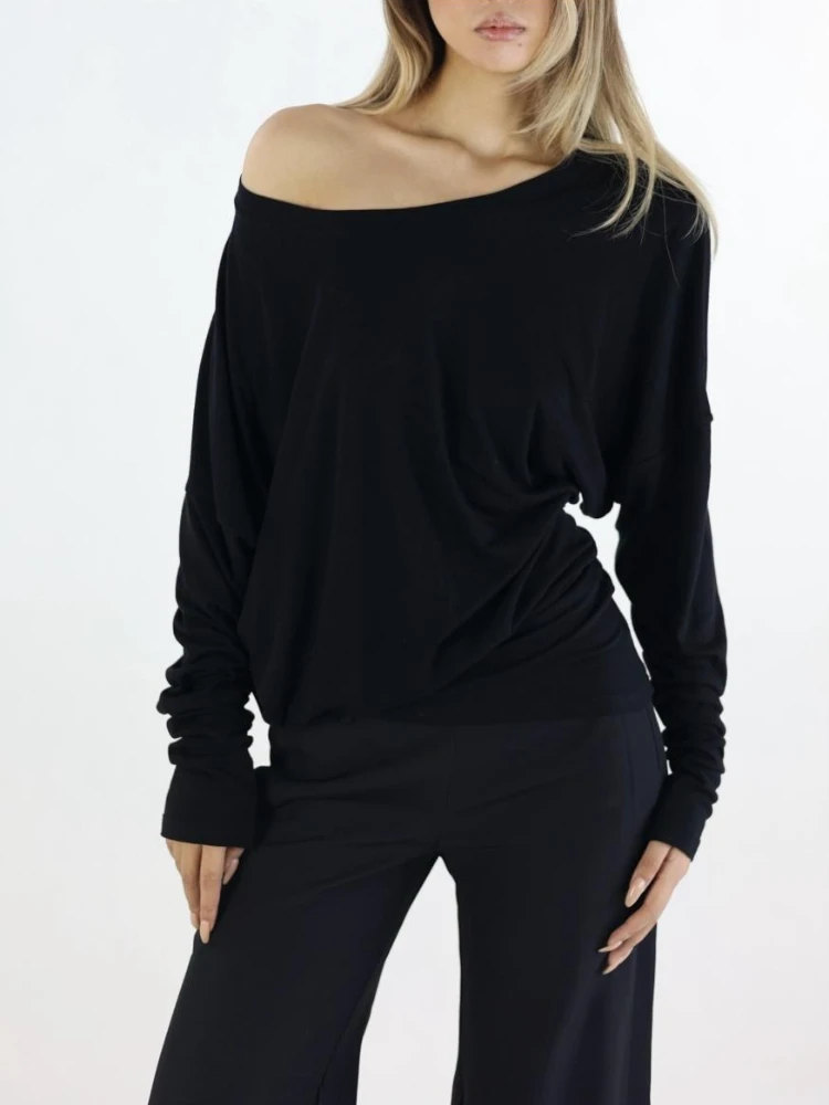 Off Shoulder Tees Y2k Streetwear Tshirts Korean Y2k Subculture Oversized Grunge Solid Casual T-Shirt Pleated Vintage Simple