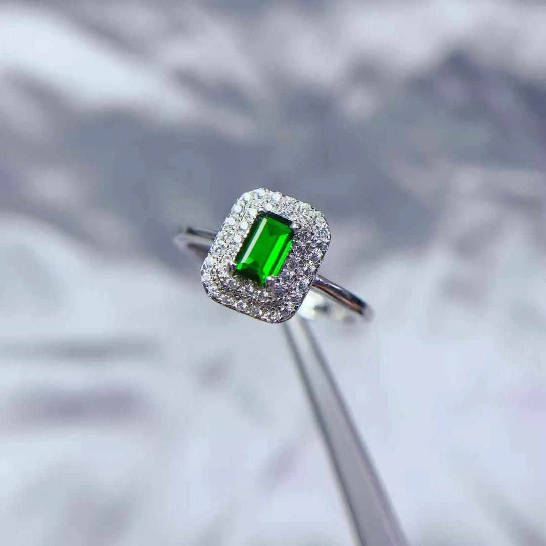 Hotsale 925 الفضة خاتم الأحجار الكريمة 3 مللي متر * 5 مللي متر الديوبسيدي الطبيعي الدائري 18 كيلو مطلية بالذهب الفضة حقيقية الكروم ديوبسيدي الفضة والمجوهرات