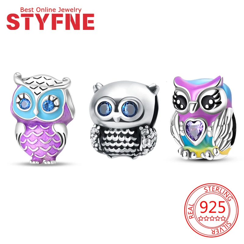 

925 Sterling Silver Owl Charms Purple Blue Beads Fit Bracelet Necklace Accessories Bead Jewelry Making Fine Jewelry Gift