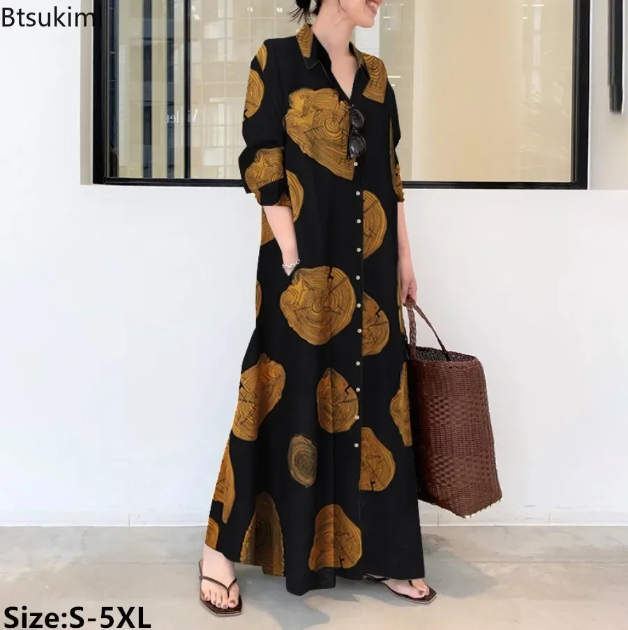 

2025 Women Shirt Dress Loose Casual Maxi Dress Retro Printed Cotton Linen Dresses for Women Abayas Elegant Females Long Vestidos