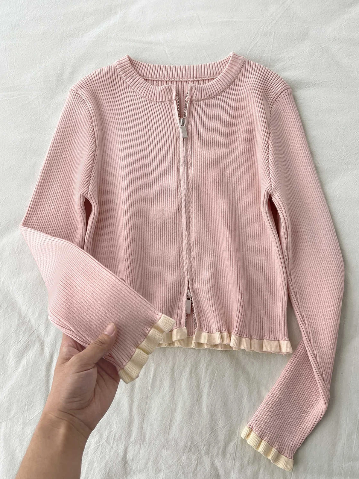 

Pink Ruffle Edge Zipper Knitted Cardigan Women's Autumn Winter Casual Slim Fit Short Top Korean Versatile Sweater Coats