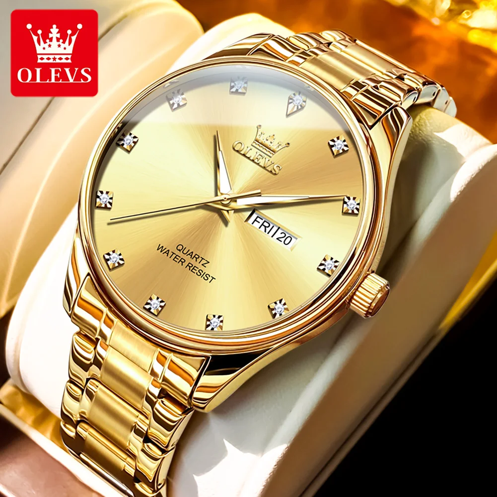 

OLEVS Mens Watches Top Brand Luxury Stainless Steel Gold Quartz Watch Men Waterproof Luminous Date Week Fashion Wristwatch Male