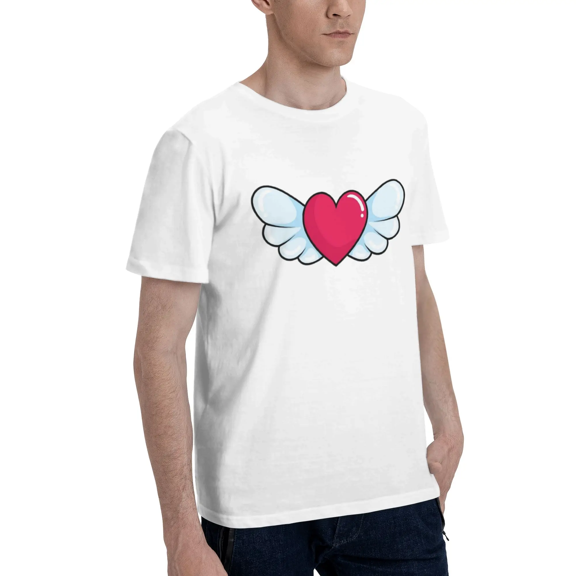 Red Heart With White Angel Wings Men T Shirts Crazy Tee Shirt Short Sleeve Crewneck Pure Cotton Birthday Present Clothes T-Shirt