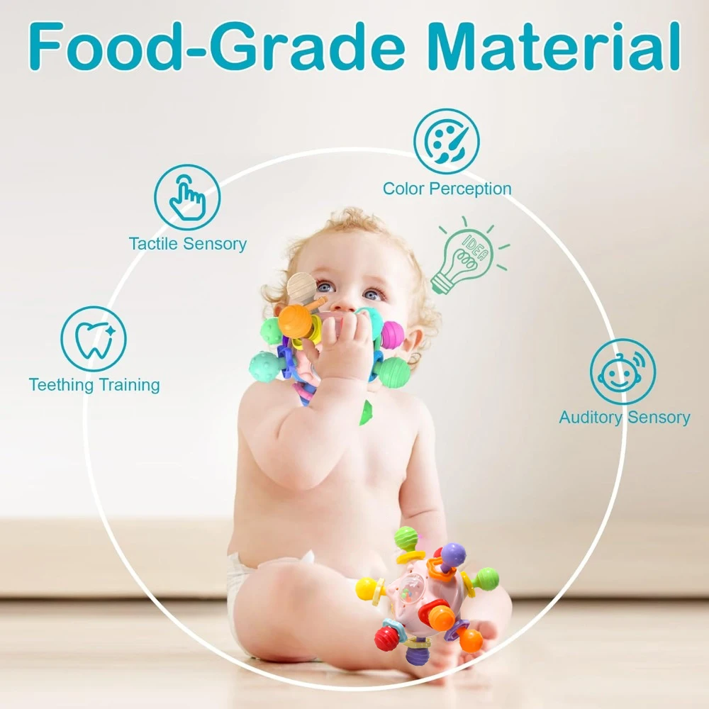 Juguetes sensoriales para la dentición del bebé Montessori, sonajeros masticables para niños y niñas de 1 año, juguetes mordedores de aprendizaje de desarrollo