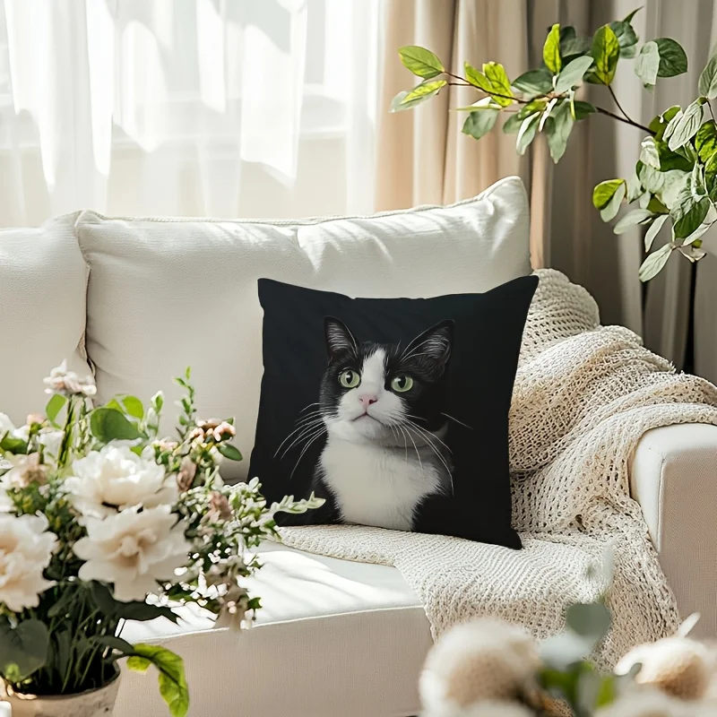 Cute Cat Pillowcase, High-Definition Black & White Kitty Design for Pet Lovers, Soft Cotton Cushion Cover with Adorable Style