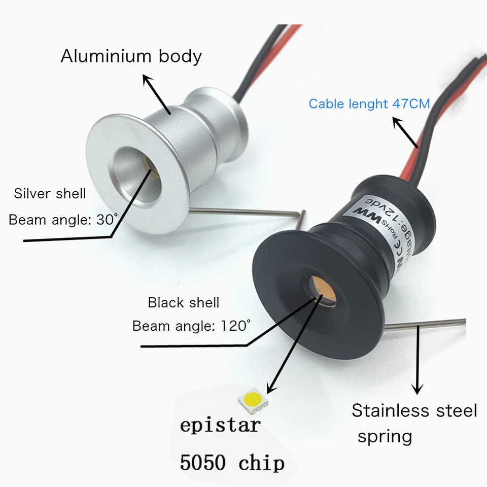 9 Mini Faretti LED Da Incasso Dimmerabili – 1W, IP65 Impermeabili, 12V DC – Angolo 30°/120°, Colori Disponibili – Per Armadi E Interni