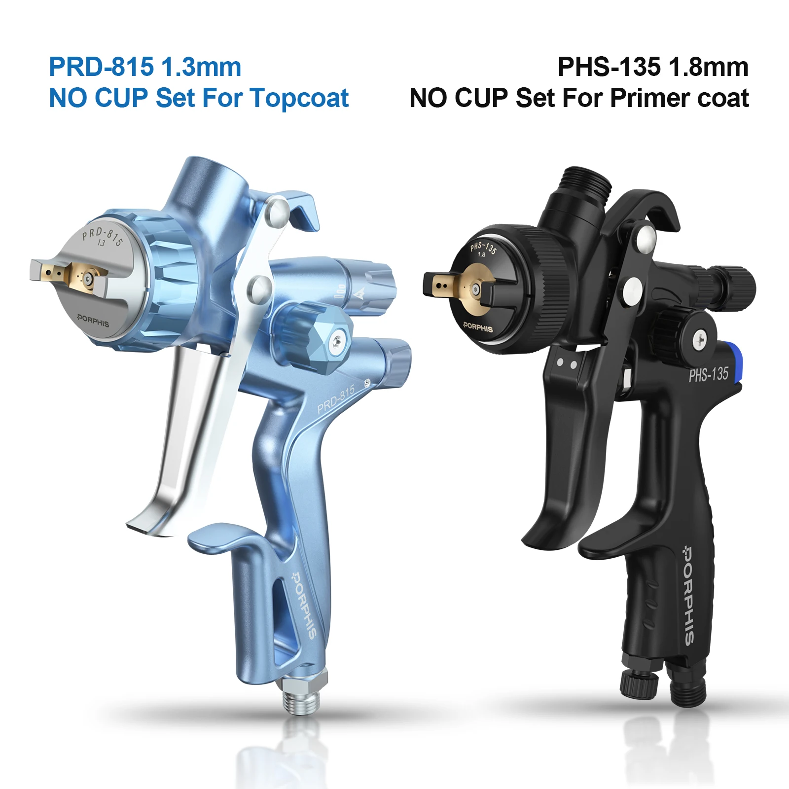 PORPHIS PRD-815 PHS-135 No Cup Dual Spray Painting Gun Set Car Paint Gun for Clearcoat Base Primer Automotive Refinish Topcoat