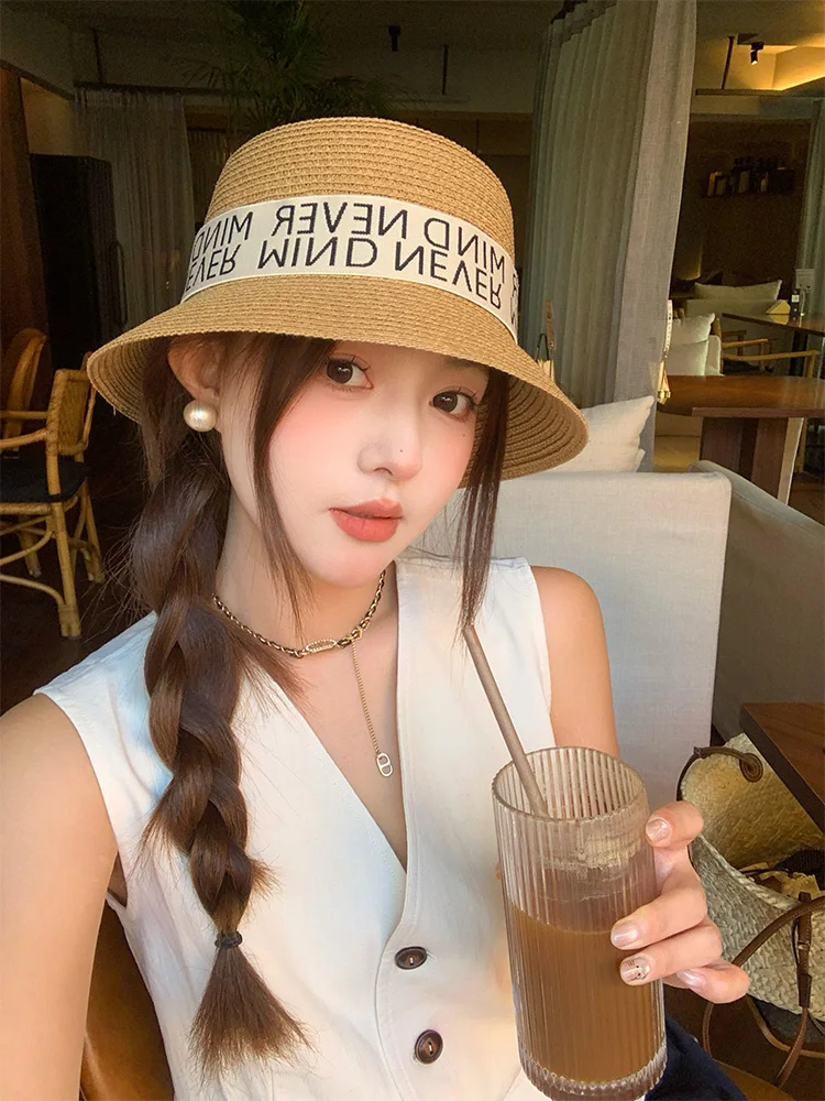 Korean Style Straw Woven Bucket Hat Women's Summer New Sun Protection Fashionable Versatile Small Face Apparent Straw Hat
