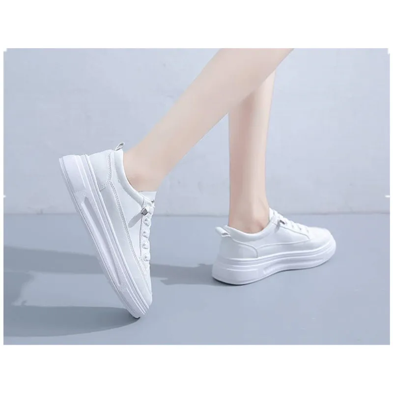 Women Casual Sneaker 2023 Spring New Leather White Shoes Fashion Korean Increase Thick Sole Shoes Girl Student Walking Shoes