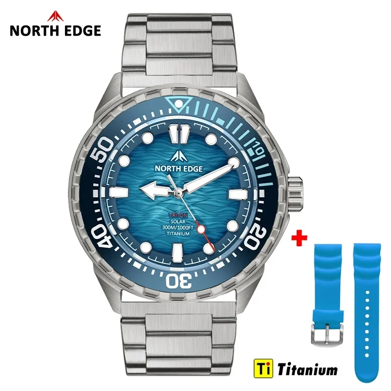 NORTH EDGE TRITON-TI Titanium Solar Diving Watch, Luxury Men Quartz Watch, 300M Waterproof, Up to 180+ Days Solar Power Reserve