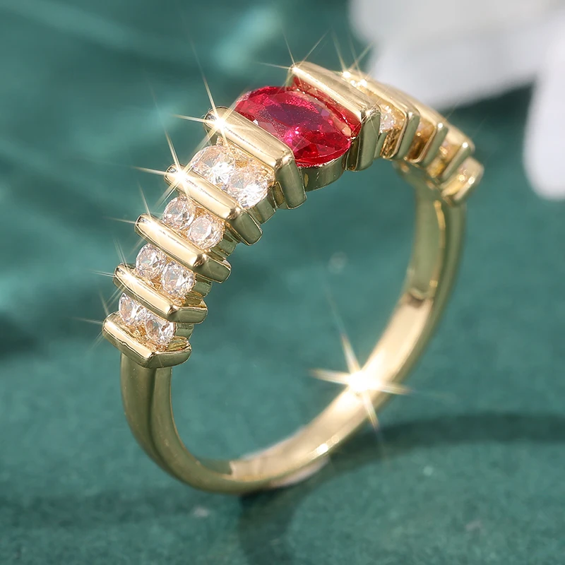 Klassischer Eingelegter Weiß-Roter CZ Damenring Trendiger Goldfarbener Geometrischer Alltags- und Partyschmuck Jubiläumsgeschenk – Detail 4